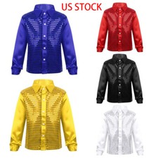 US Kid Sequins Hip-hop Collar Shirt Long Sleeve Disco Tops for Jazz Street Dance