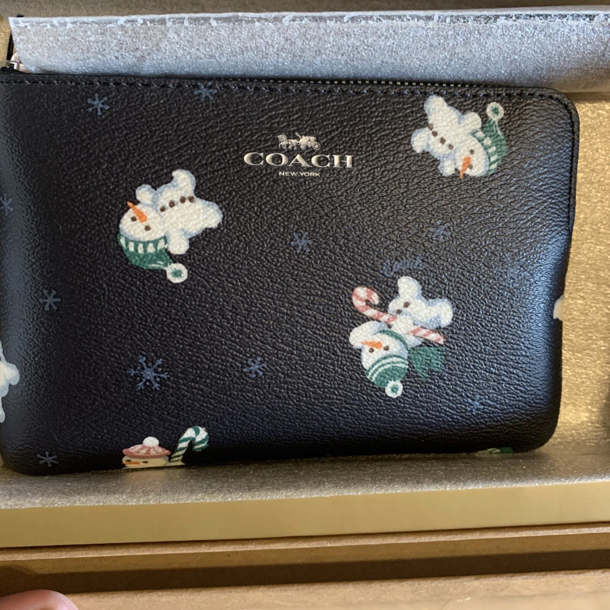 Coach Boxed Zip Wristlet Snowman Print Midnight Charms