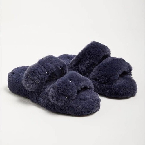 Torrid Slippers 11.5 WW Navy Blue Slides Platform Slip On Faux Fur Shoes New