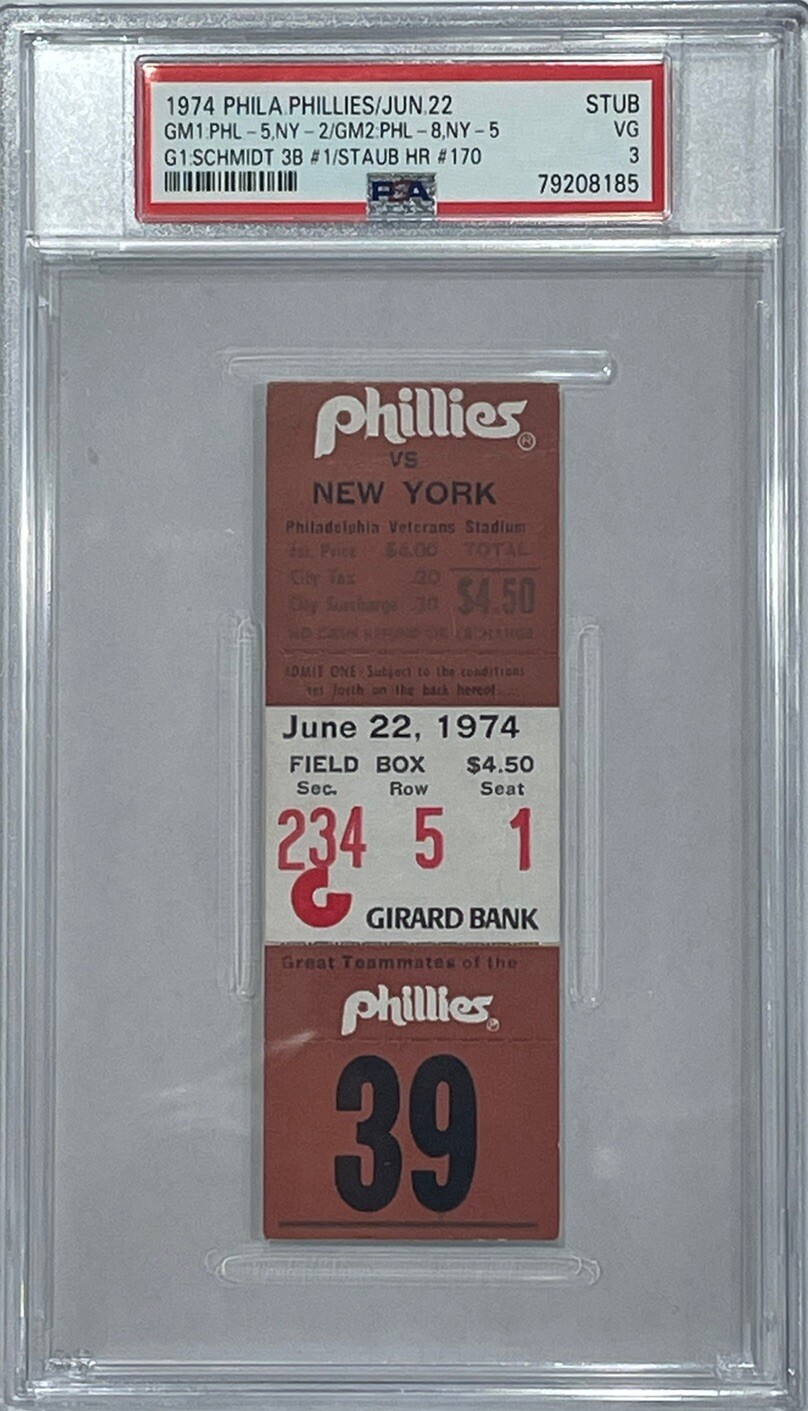 6-22-74 Mike Schmidt 1st ML 3b Triple Phillies Ticket HOF - PSA 3 VG