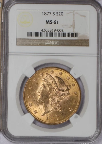 1877-S Gold Liberty Head $20 NGC MS61. Very scarce 1st year Type 3.