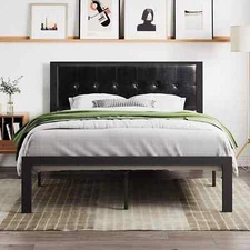 Faux Leather Queen Bed Frame with Button Tufted Square Stitched Headboard