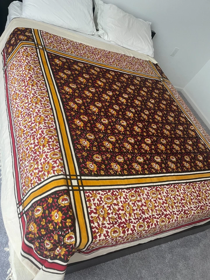 Colcha cubrecama de algodón Queen completa con estampado de bloques 80 x 92 pulgadas lectura floral Foto 3 de 4