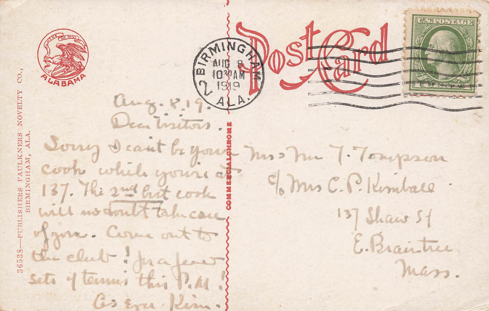 COUNTRY CLUB BUILDING AND GROUNDS POSTCARD BIRMINGHAM AL ALABAMA 1919