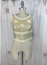 Vtg 50s 60s Beaded Sequin Rhinestone Tank Top Yellow Silk Hollywood Glamour sz 4