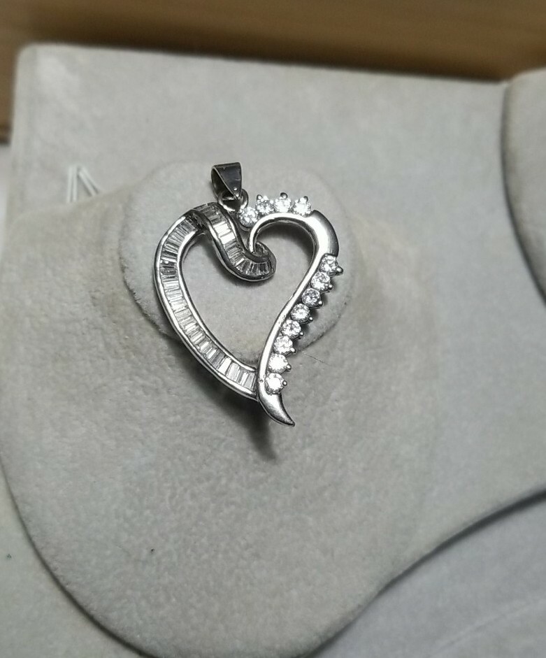 QVC sterling Silver CZ baguette round long Heart pendant