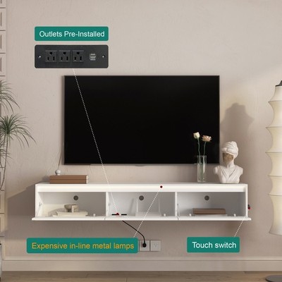Floating TV Stand Cabinet with LED Lights, Wall Mounted TV Console with Power