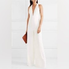NWT Halston Halter Neck Wide Leg Crepe Jumpsuit Off White Size 6 $595 Retail