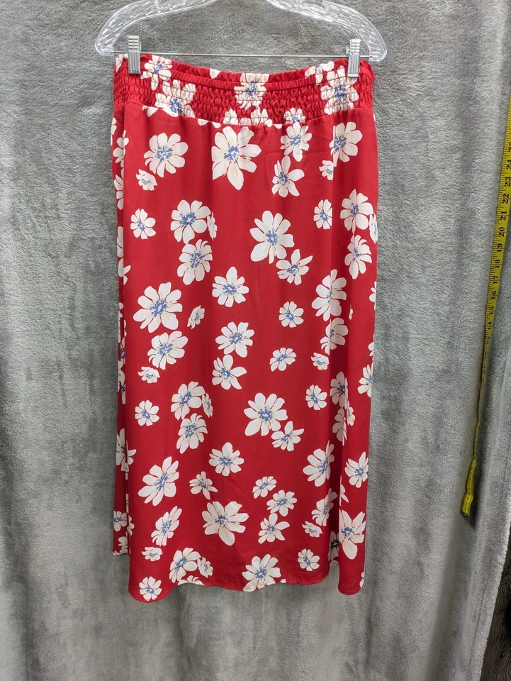 Falda Floral Para Mujer XL Roja Cintura Calada Corbata Imitación Botón Semi Transparente Tropical Foto 4 de 4