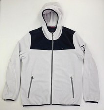Tommy Hilfiger Size Medium Men Gray Navy Long Sleeve Fleece Full Zip Logo Hoodie