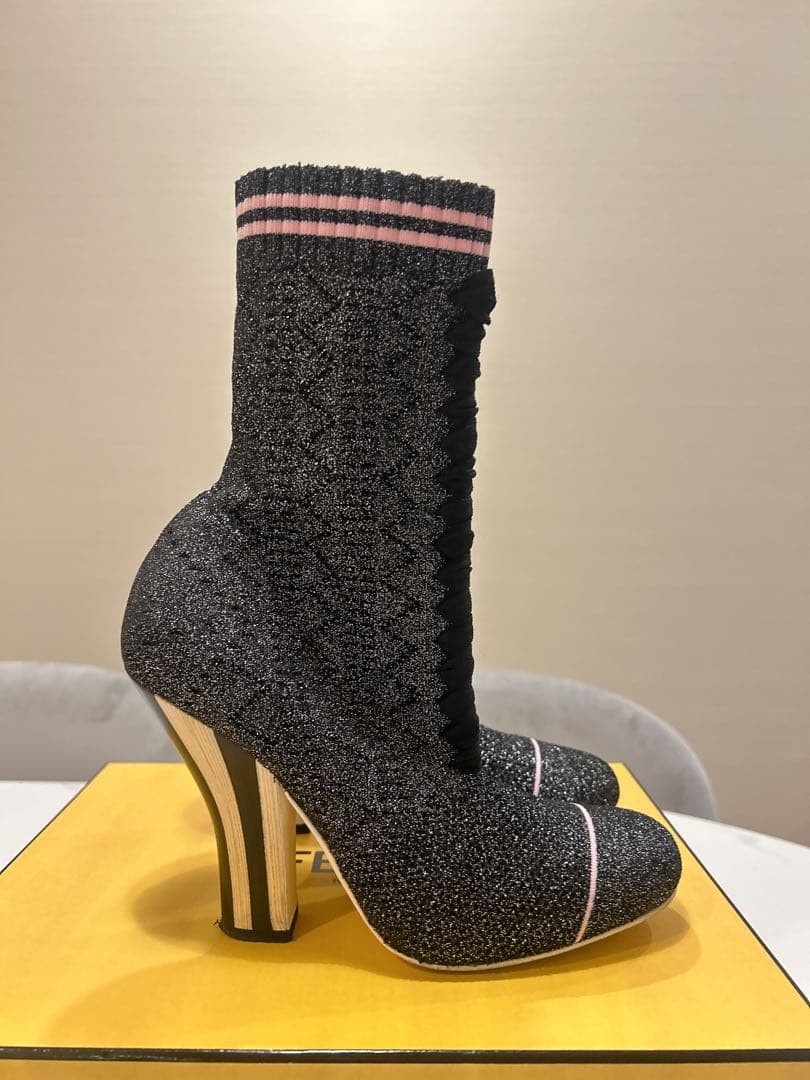 FENDI High heel Knit Socks Boots 37 Black X Pink Auth Women | eBay