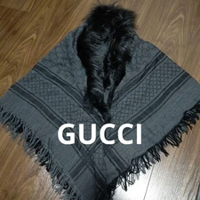 GUCCI Scarf Gray Fur Trimmed Fringe Silk Rare Condition