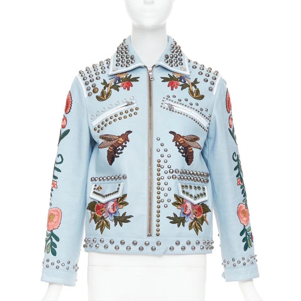 GUCCI Michele 2016 Pasarela Azul Abeja Floral Bordado Tachonado Chaqueta IT38 XS Foto 3 de 4