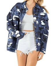 Davi & Dani Edgy Plus: Hallie Army Print Shacket Slate Blue