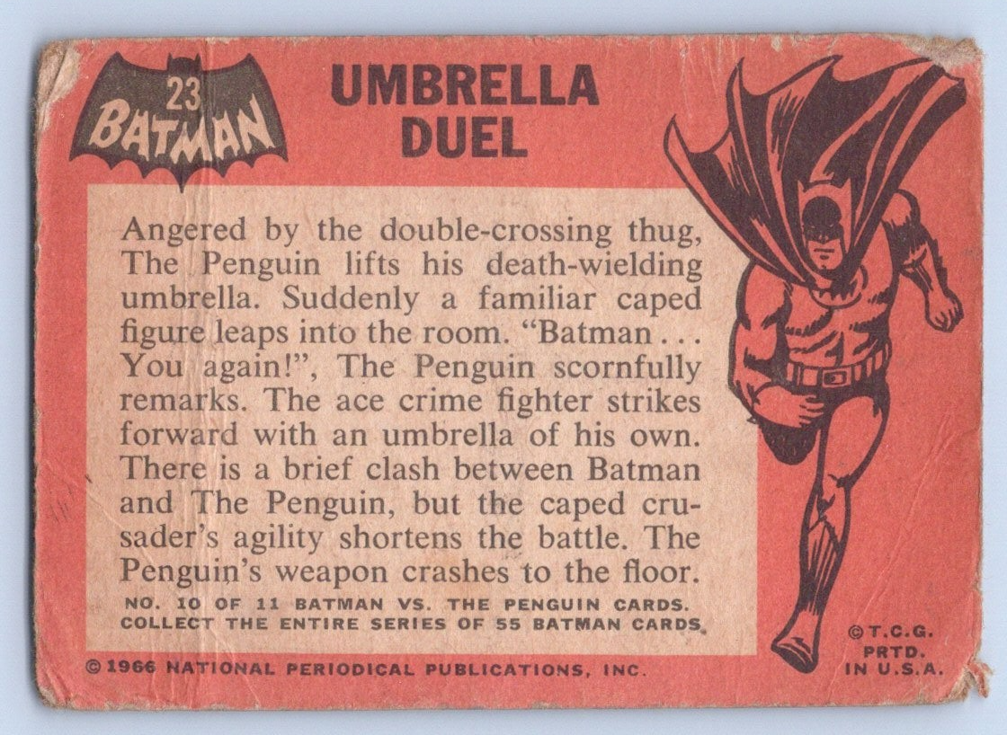 1966 Topps Batman Black Bat/Orange Back - #23 - Umbrella Duel (96