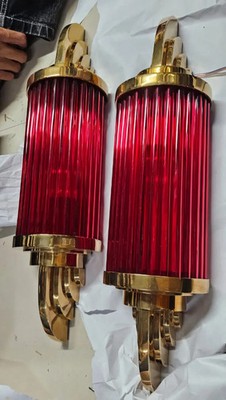 Pair of Classic Brass & Red Glass Rod Wall Sconces Light Antique Interior Design