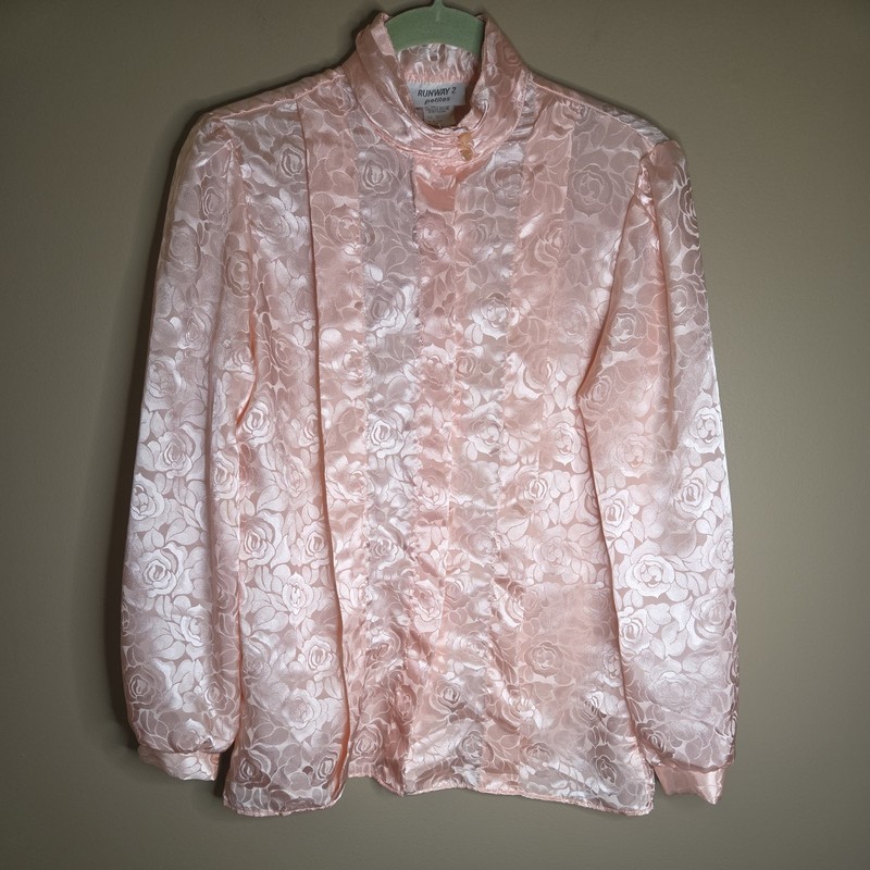 Vintage 80s 90s Shiny Satin Pleated Secretary Blouse Pink Rosette Womens Size 10