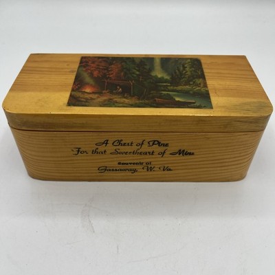 VTG Wood Trinket Jewelry Box Camping A Chest of Pine For That Sweetheart of Mine