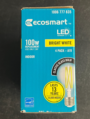 4pk Ecosmart 100W LED Light Bulb A19 Dimmable Clear Glass Filament Bright White - Picture 4 of 7