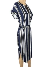 Temofon Dress Blue White Stripe Short Sleeve Side Seam Slit At Bottom Size Small