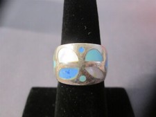 Vintage Size 6.5 Sterling Silver 925 Turquoise and Mother of Pearl Inlay Ring