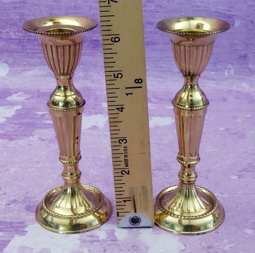 Brass Candlesticks Candle Holders Shiny Ribbed Beaded Vintage 6.25 Inches Tall - Picture 2 of 7