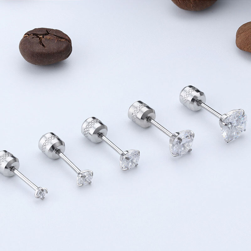 2-Pack Stainless Steel Round CZ Screw Back Ear Studs For Men & Women
