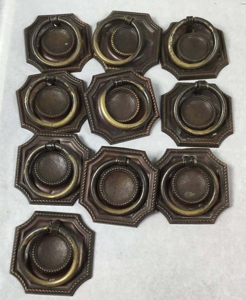 Vintage Brass/bronze Pull Ring drawer knobs brass square #268 - Image 2 of 4