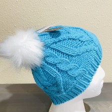 Beanie Hat Blue Cables 2 White Pompoms Kitty Cat Faux Fur Plush Lined Girls
