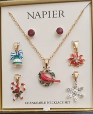 New Box Napier Multi Tone 5 Pc Changeable Christmas Charm Necklace & Earring Set