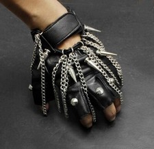 Punk Fashion Spike Tassels Rock Real Leather Fingerless Mens Gloves