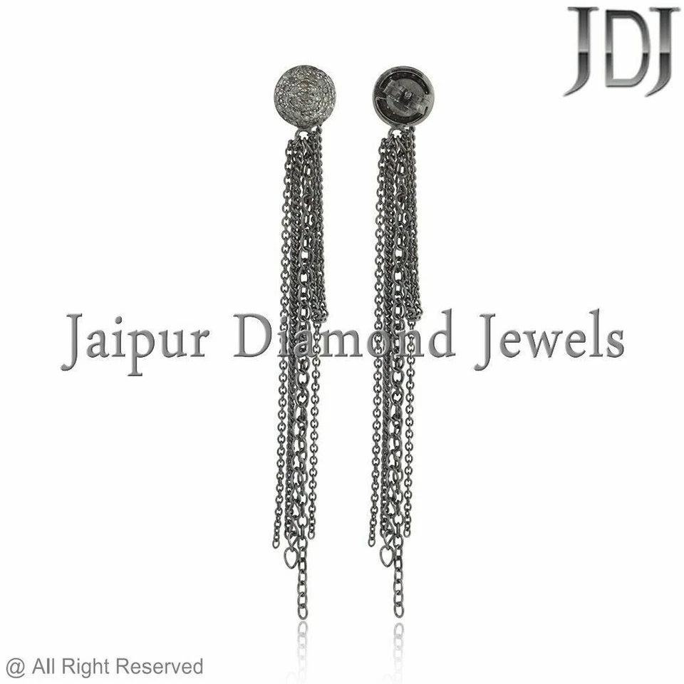 Natural Pavé Marrón Diamante 925 Plata Maciza Eslabón Cadena Pendientes Handmade - Imagen 3 de 4