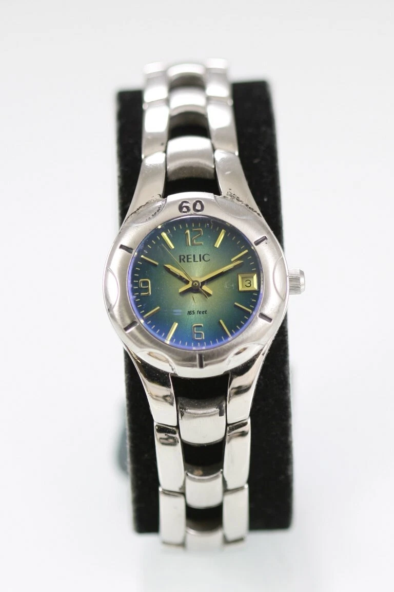 Relic Watch Women Silver Stainless Steel Battery 50m Date Green 