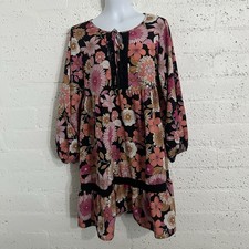 Rusttydustty Womens Dress 1XL Pink Black Floral Boho Lace Peasant Long Sleeve
