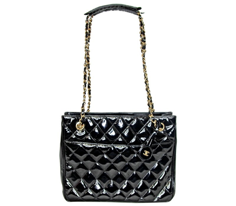 Chanel Enamel Patent Leather Matelasse Double Chain Shoulder Bag Black Gold