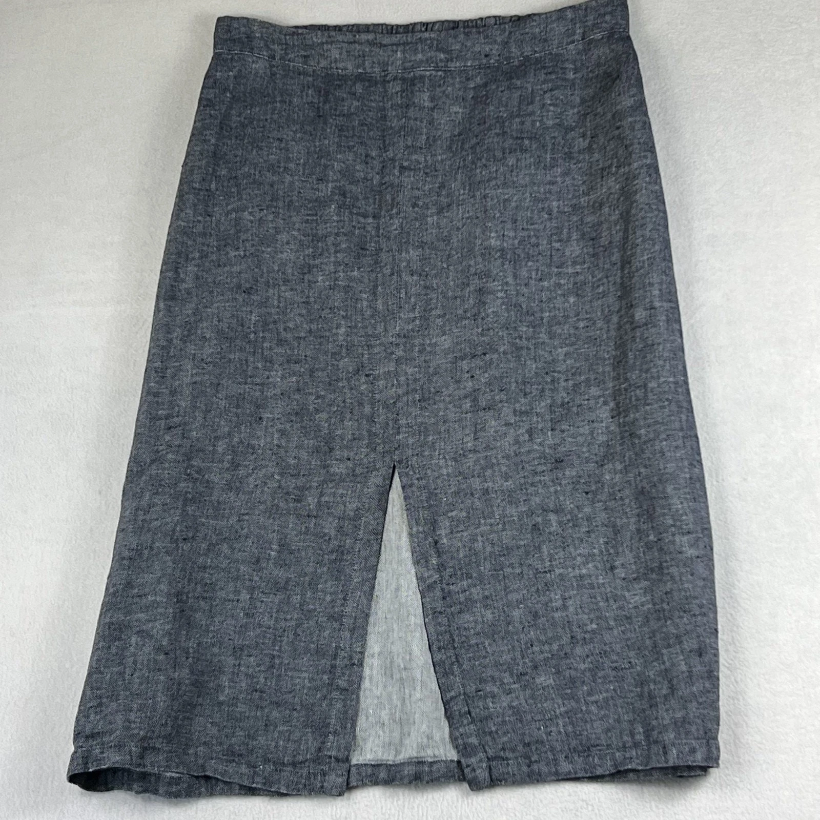 FLAX Skirt Women 1G Gray 100% Linen A-Line Lagen Boho Slit Elastic Waist Pull On