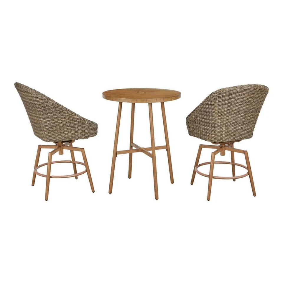 Juego de comedor exterior mesa redonda de mimbre marrón de 3 piezas Capestone Foto 4 de 4