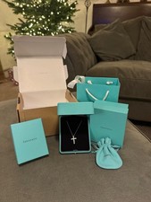 🩵Tiffany & Co Brilliant Cut Diamond Platinum Small Cross Necklace 24inch Chain
