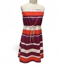 GAP Linen & Cotton Strapless Striped Dress Sz XS Drawstring Waist Lined Orange