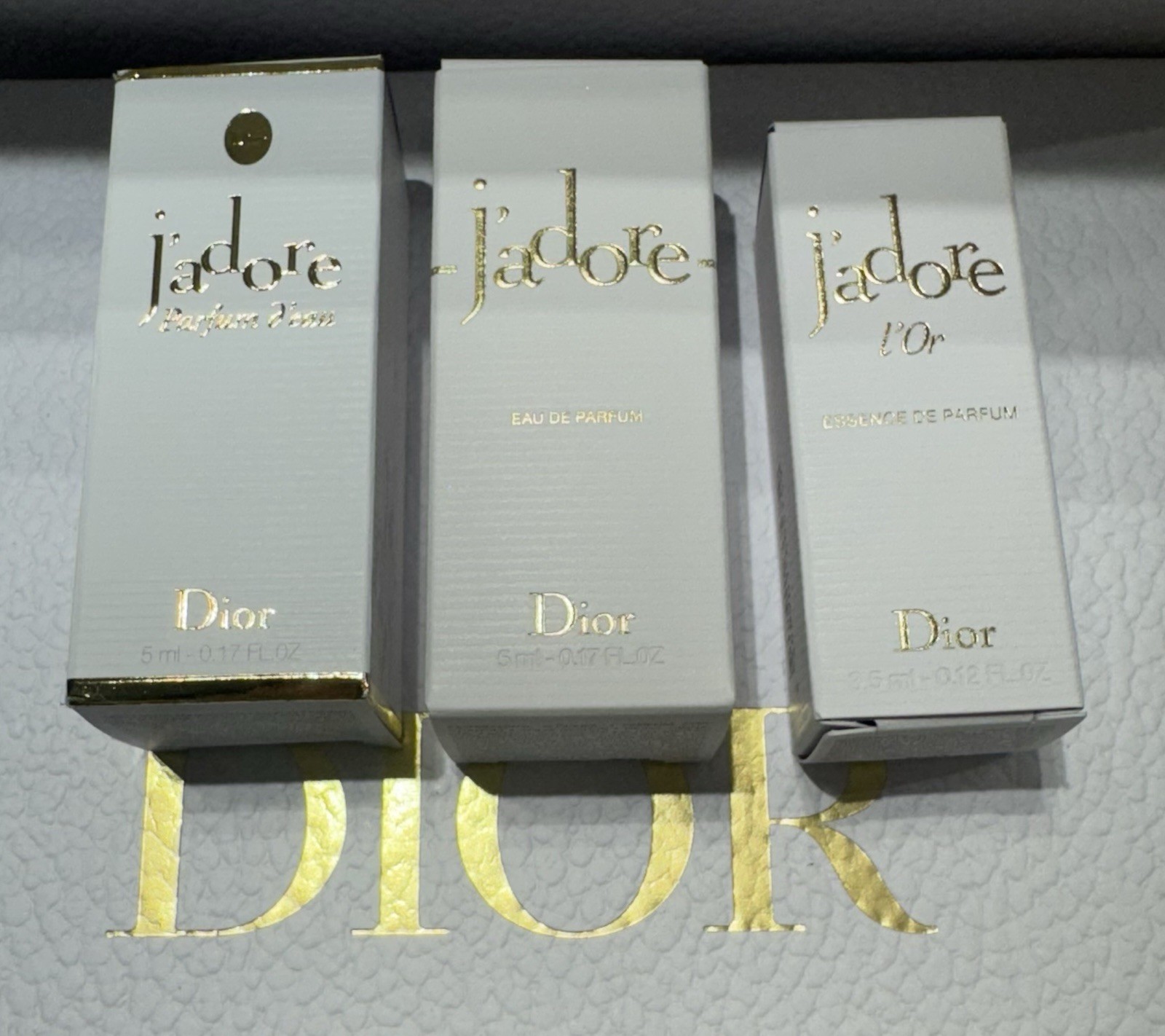 3 Dior J'adore Mini Set - L'Or Essence de Parfum, Eau de Parfum & Parfum D’eau