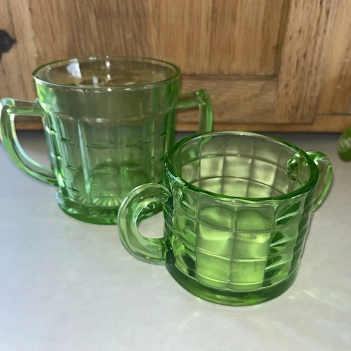 HAZEL ATLAS COLONIAL BLOCK OPTIC GREEN OPEN SUGAR URANIUM VASELINE 2 Large Small