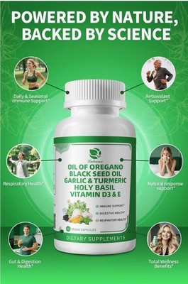Oil of Oregano Black Seed Oil, Garlic Turmeric, Holy Basil Vitamin D3 & E