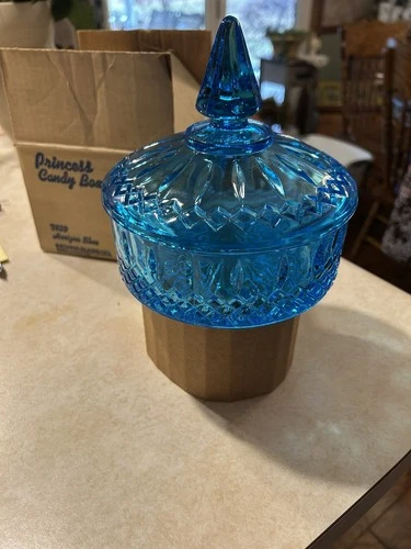 VTG Indiana Glass Princess Diamond Point Horizon Blue Nut/Candy Dish Jar  in box