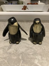 2 x Vtg Heavy Solid Penguin Figurines Modernist Sculptures Black & Gold Brass?