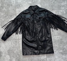 Nasty Gal Faux Leather Long Button Snap Jacket Coat Fringe Western NEW Black M