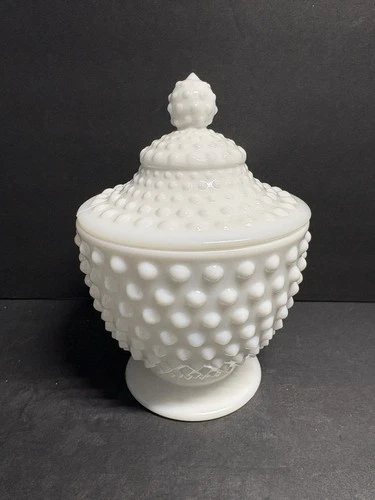 Vintage MCM Fenton Hobnail White Milk Glass Lidded 7” Candy Dish Grandma Core