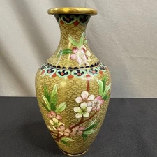  VINTAGE PURPLE CLOISONNE VASE WITH LARGE PINK & BLUE BLOSSOM  