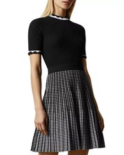 Ted Baker Skater Dress UK10 Black White Pleated Carmann Knitted Short Sleeve