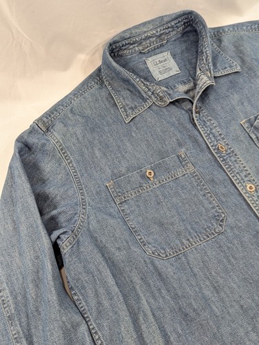 LL Bean Mens Metal Button Distressed Denim Shirt XL Tall Western Contractor - Picture 2 of 8