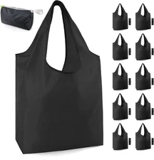 10-Pack Black Reusable Grocery Bags Bulk Foldable Washable Tote